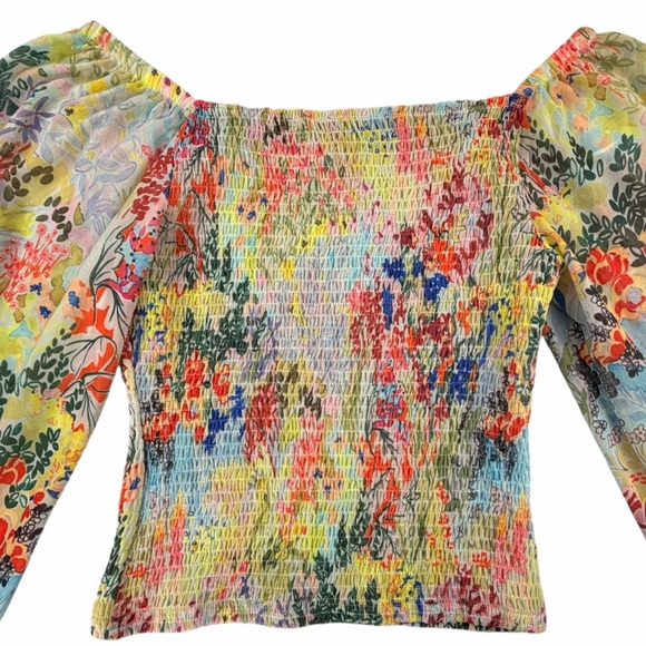 Anthropologie Women's Rouen Yellow Floral Motif Smocked Blouson Top Size Small - Picture 9 of 10